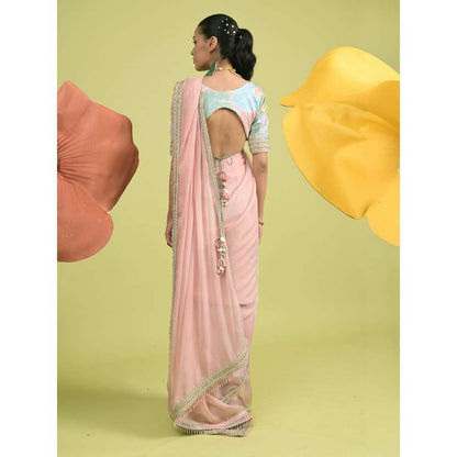 Rishi & Vibhuti Pink Elysian Saree with Stitched Blouse and Petticoat