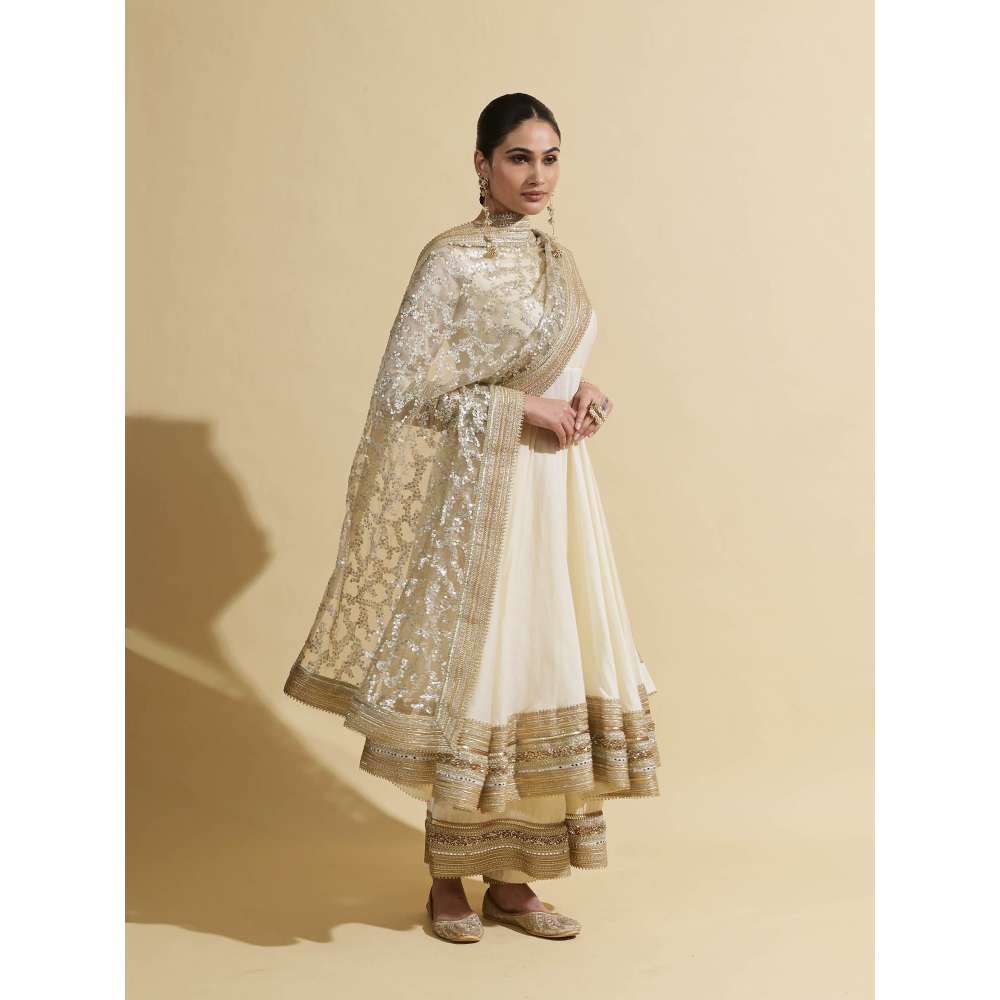 Rishi & Vibhuti Ivory Ellinor Anarkali with Pant and Dupatta (Set of 3)
