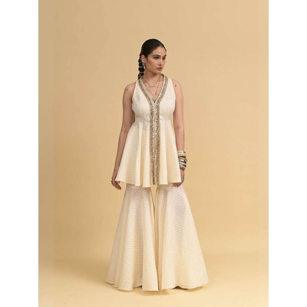 Rishi & Vibhuti Ivory Mingle Peplum Top with Sharara (Set of 2)