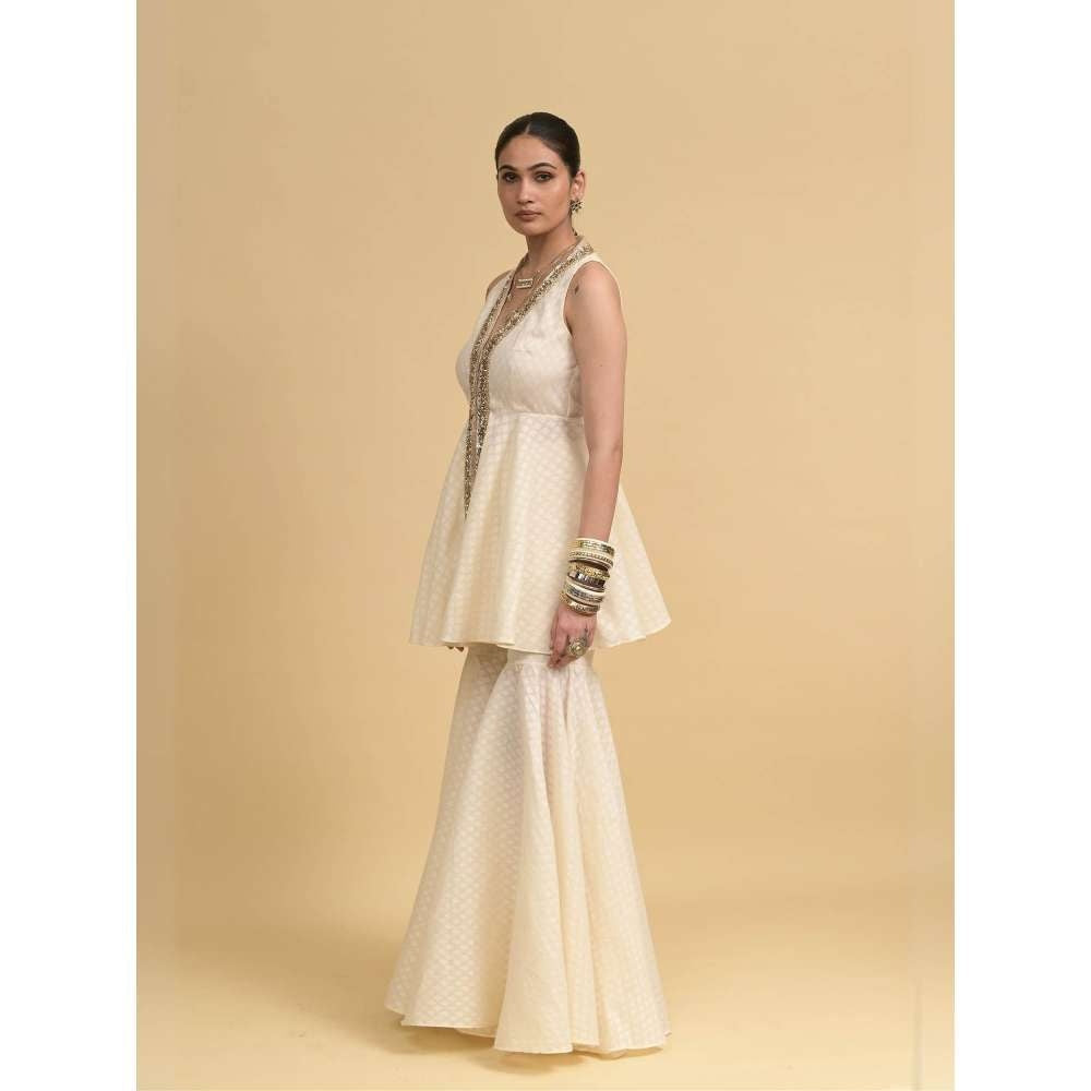 Rishi & Vibhuti Ivory Mingle Peplum Top with Sharara (Set of 2)