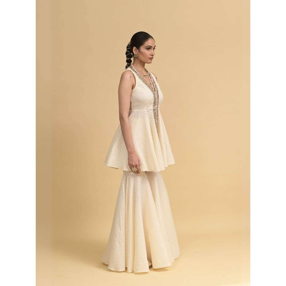 Rishi & Vibhuti Ivory Mingle Peplum Top with Sharara (Set of 2)