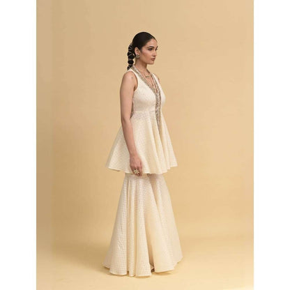Rishi & Vibhuti Ivory Mingle Peplum Top with Sharara (Set of 2)