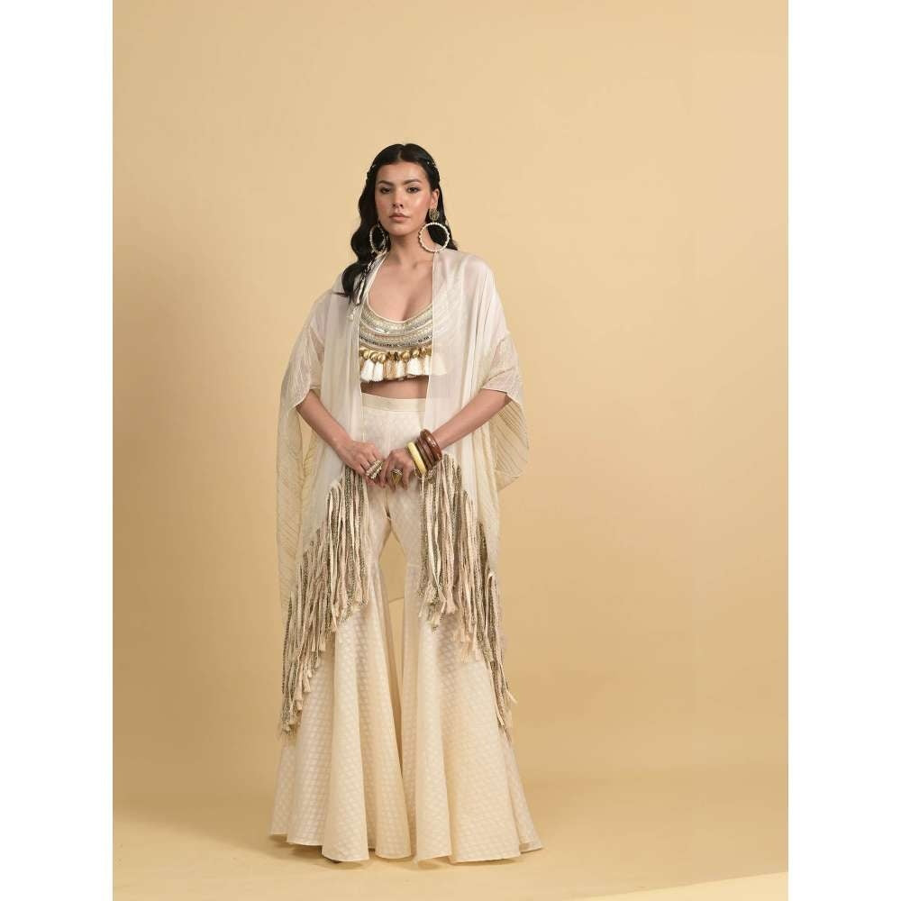 Rishi & Vibhuti Ivory Aarya Cape with Blouse and Pant (Set of 3)
