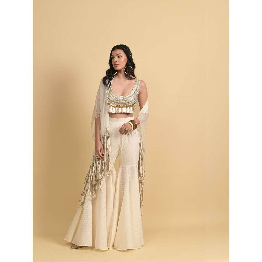 Rishi & Vibhuti Ivory Aarya Cape with Blouse and Pant (Set of 3)