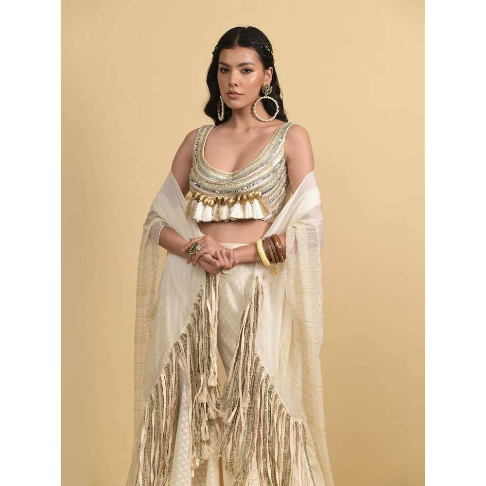 Rishi & Vibhuti Ivory Aarya Cape with Blouse and Pant (Set of 3)