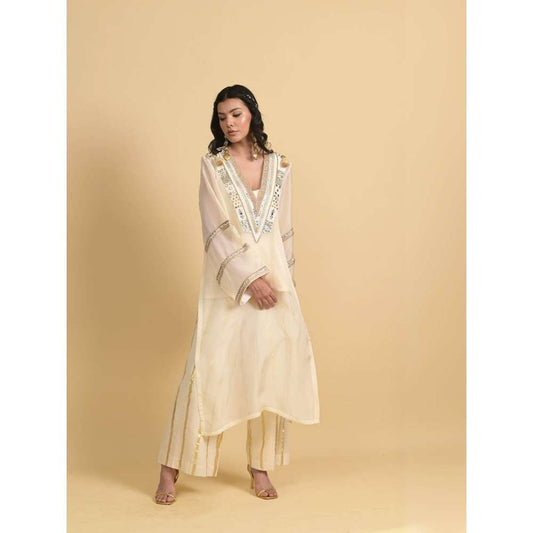 Rishi & Vibhuti Ivory Trio Kurta with Slip and Palazzo (Set of 3)