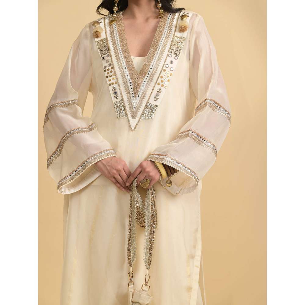 Rishi & Vibhuti Ivory Trio Kurta with Slip and Palazzo (Set of 3)