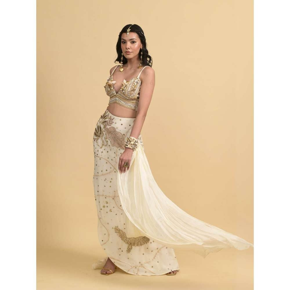 Rishi & Vibhuti Mehbooba Ivory Bralette with Skirt and Hand Cape (Set of 3)