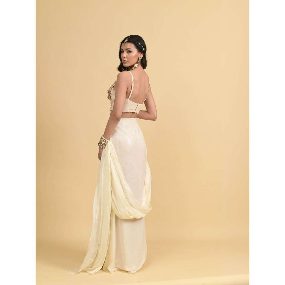 Rishi & Vibhuti Mehbooba Ivory Bralette with Skirt and Hand Cape (Set of 3)
