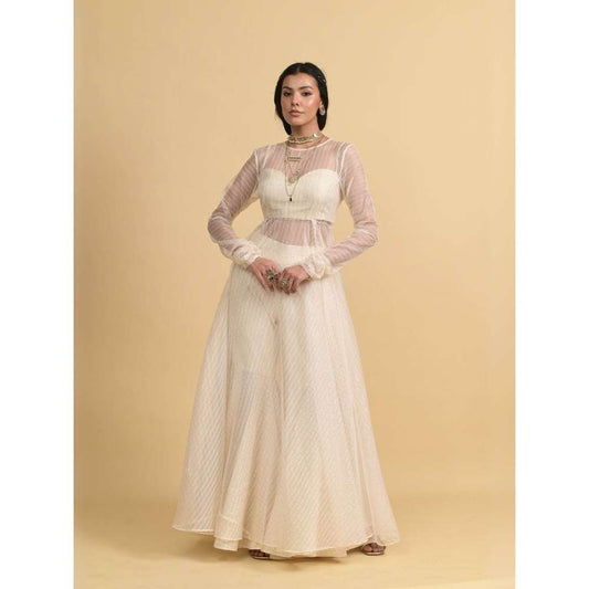 Rishi & Vibhuti Ivory Pearl Groove Blouse with Anarkali and Flared Pant (Set of 3)