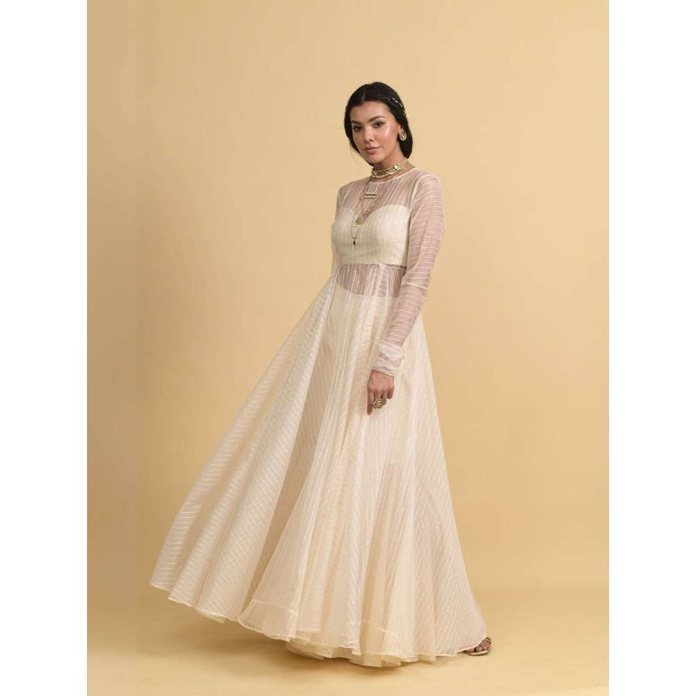 Rishi & Vibhuti Ivory Pearl Groove Blouse with Anarkali and Flared Pant (Set of 3)