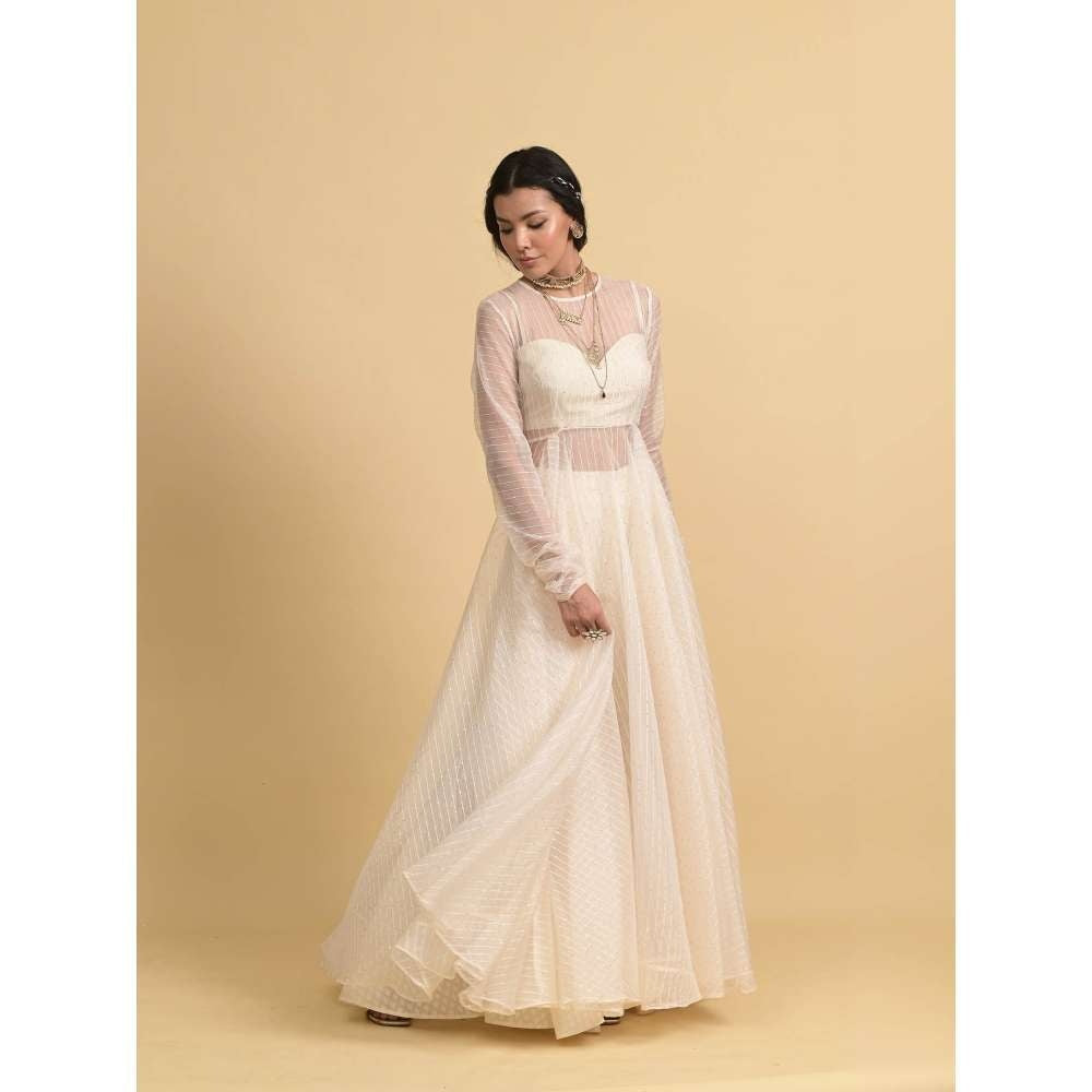 Rishi & Vibhuti Ivory Pearl Groove Blouse with Anarkali and Flared Pant (Set of 3)