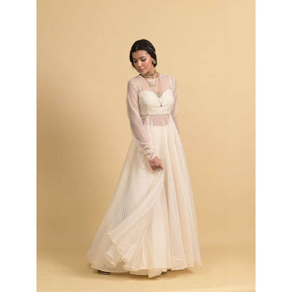 Rishi & Vibhuti Ivory Pearl Groove Blouse with Anarkali and Flared Pant (Set of 3)