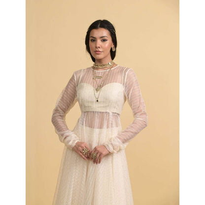 Rishi & Vibhuti Ivory Pearl Groove Blouse with Anarkali and Flared Pant (Set of 3)