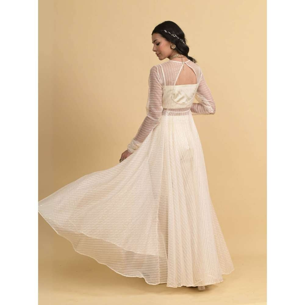 Rishi & Vibhuti Ivory Pearl Groove Blouse with Anarkali and Flared Pant (Set of 3)