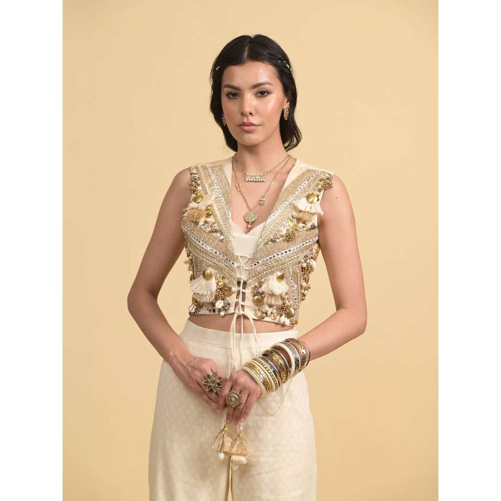 Rishi & Vibhuti Ivory Moon Majesty Bustier with Jacket and Pant (Set of 3)