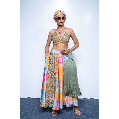 Rishi & Vibhuti Multicolor Marigold First Look Printed Bralette and Skirt