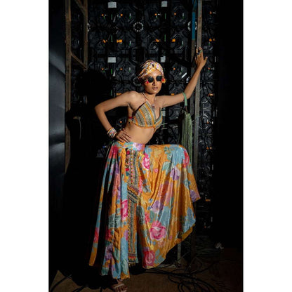 Rishi & Vibhuti Multicolor Marigold First Look Printed Bralette and Skirt
