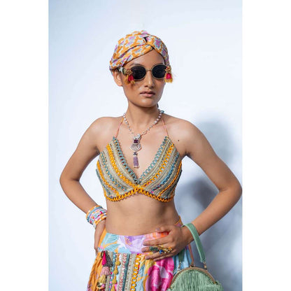 Rishi & Vibhuti Multicolor Marigold First Look Printed Bralette and Skirt