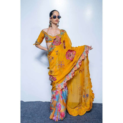 Rishi & Vibhuti Marigold Muse Printed Drape Saree with Petticoat & Stitched Blouse