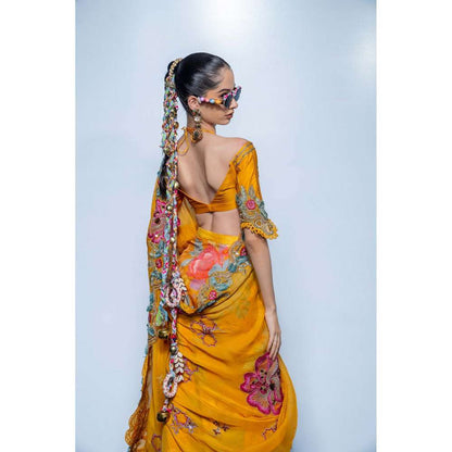 Rishi & Vibhuti Marigold Muse Printed Drape Saree with Petticoat & Stitched Blouse