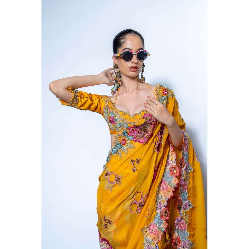 Rishi & Vibhuti Marigold Muse Printed Drape Saree with Petticoat & Stitched Blouse