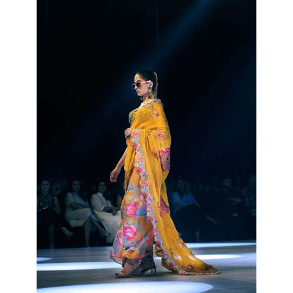 Rishi & Vibhuti Marigold Muse Printed Drape Saree with Petticoat & Stitched Blouse