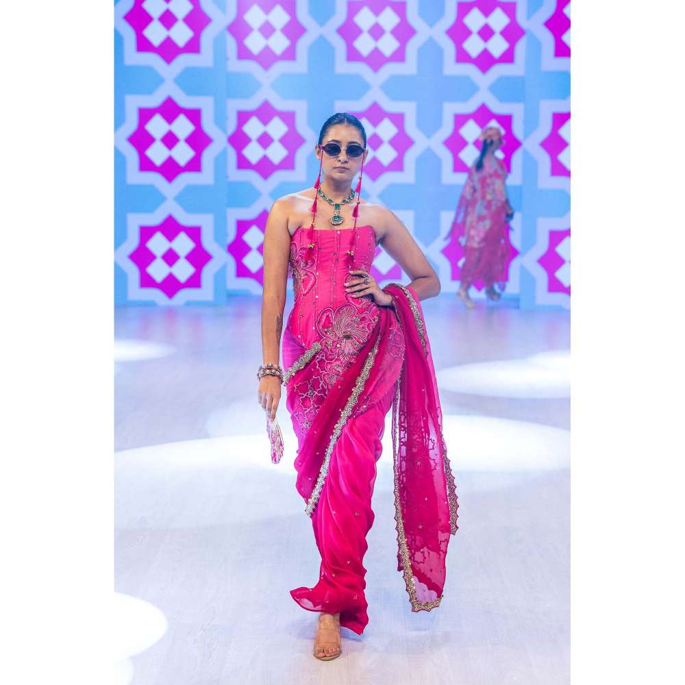 Rishi & Vibhuti Fuchsia Pink Embellished Saree and Stitched Blouse