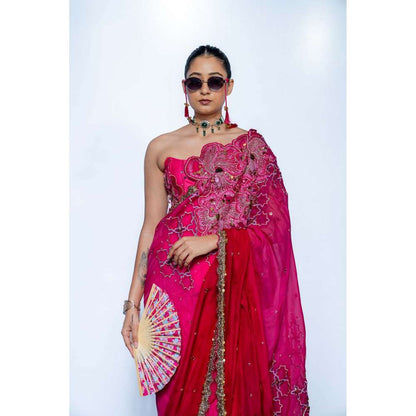 Rishi & Vibhuti Fuchsia Pink Embellished Saree and Stitched Blouse