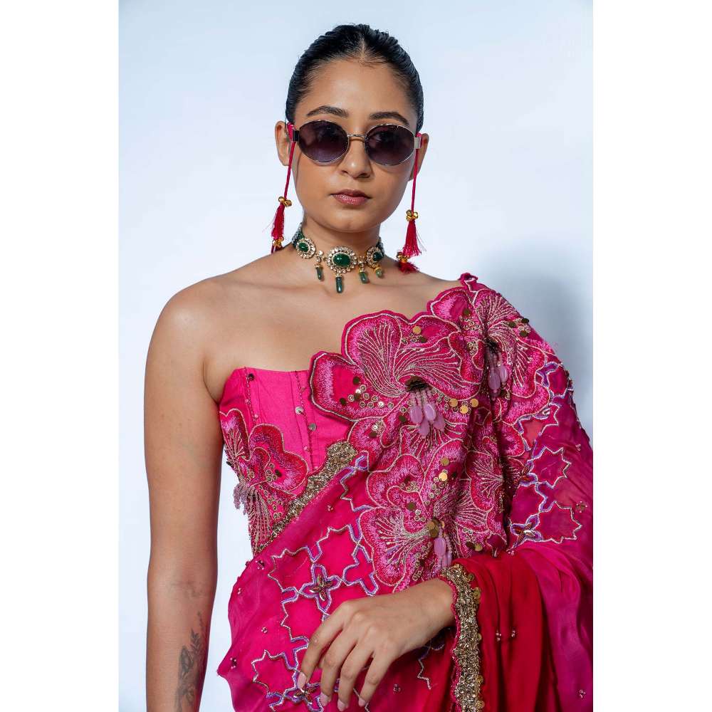 Rishi & Vibhuti Fuchsia Pink Embellished Saree and Stitched Blouse