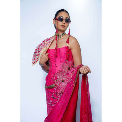 Rishi & Vibhuti Fuchsia Pink Embellished Saree and Stitched Blouse