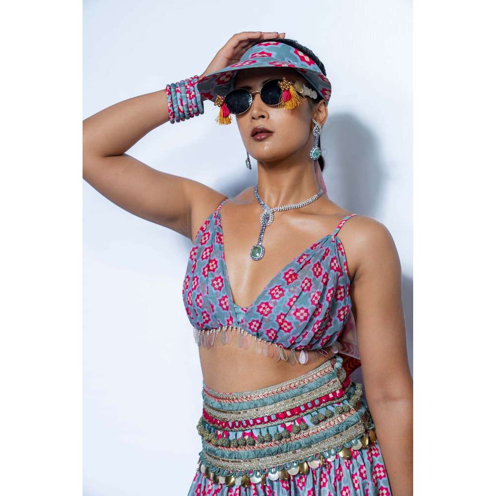 Rishi & Vibhuti Multicolor Mario Printed Embroidered Blouse and Skirt