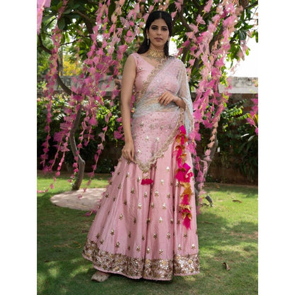Rishi & Vibhuti Pink Carnation Lehenga With Stitched Blouse & Dupatta (Set of 3)