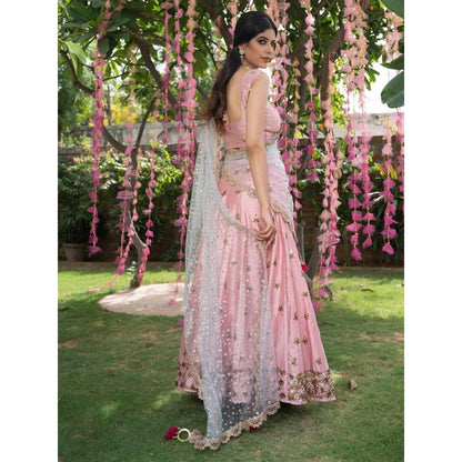 Rishi & Vibhuti Pink Carnation Lehenga With Stitched Blouse & Dupatta (Set of 3)