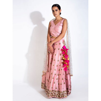 Rishi & Vibhuti Pink Carnation Lehenga With Stitched Blouse & Dupatta (Set of 3)