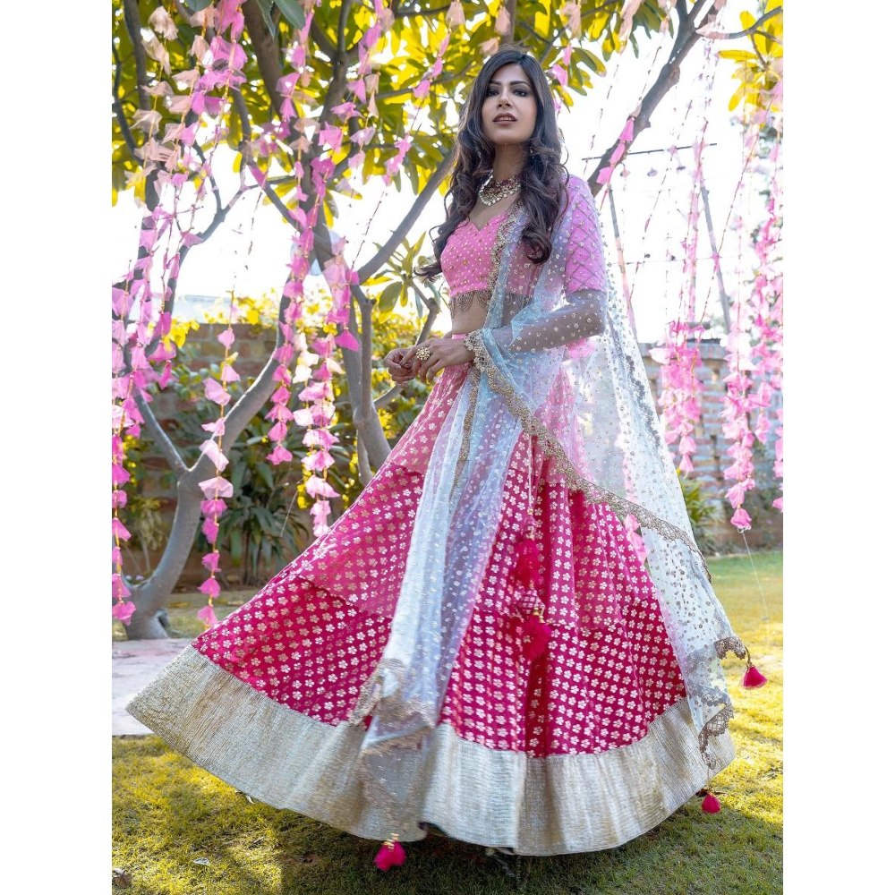 Rishi & Vibhuti Pink Lehenga & Stitched Blouse With Dupatta (Set of 3)