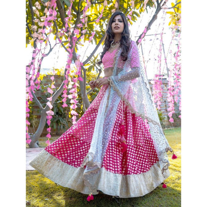 Rishi & Vibhuti Pink Lehenga & Stitched Blouse With Dupatta (Set of 3)