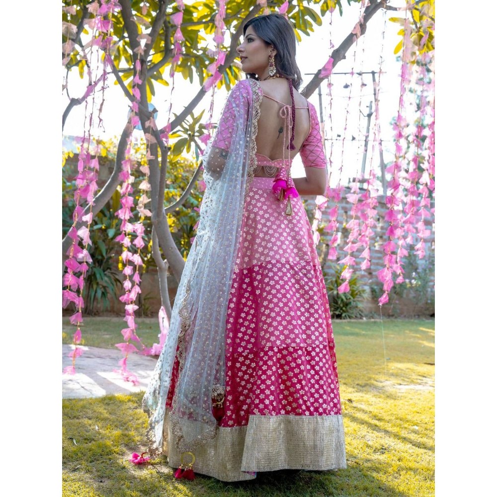 Rishi & Vibhuti Pink Lehenga & Stitched Blouse With Dupatta (Set of 3)