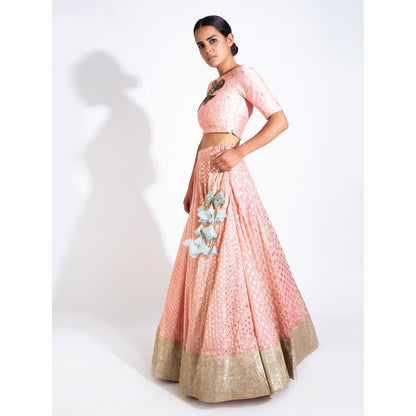 Rishi & Vibhuti Peach Chanderi Stitched Blouse Lehenga With Dupatta (Set of 3)