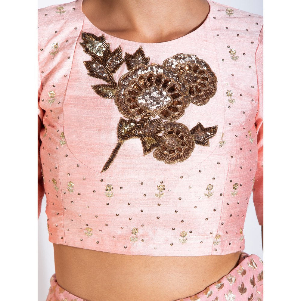 Rishi & Vibhuti Peach Chanderi Stitched Blouse Lehenga With Dupatta (Set of 3)