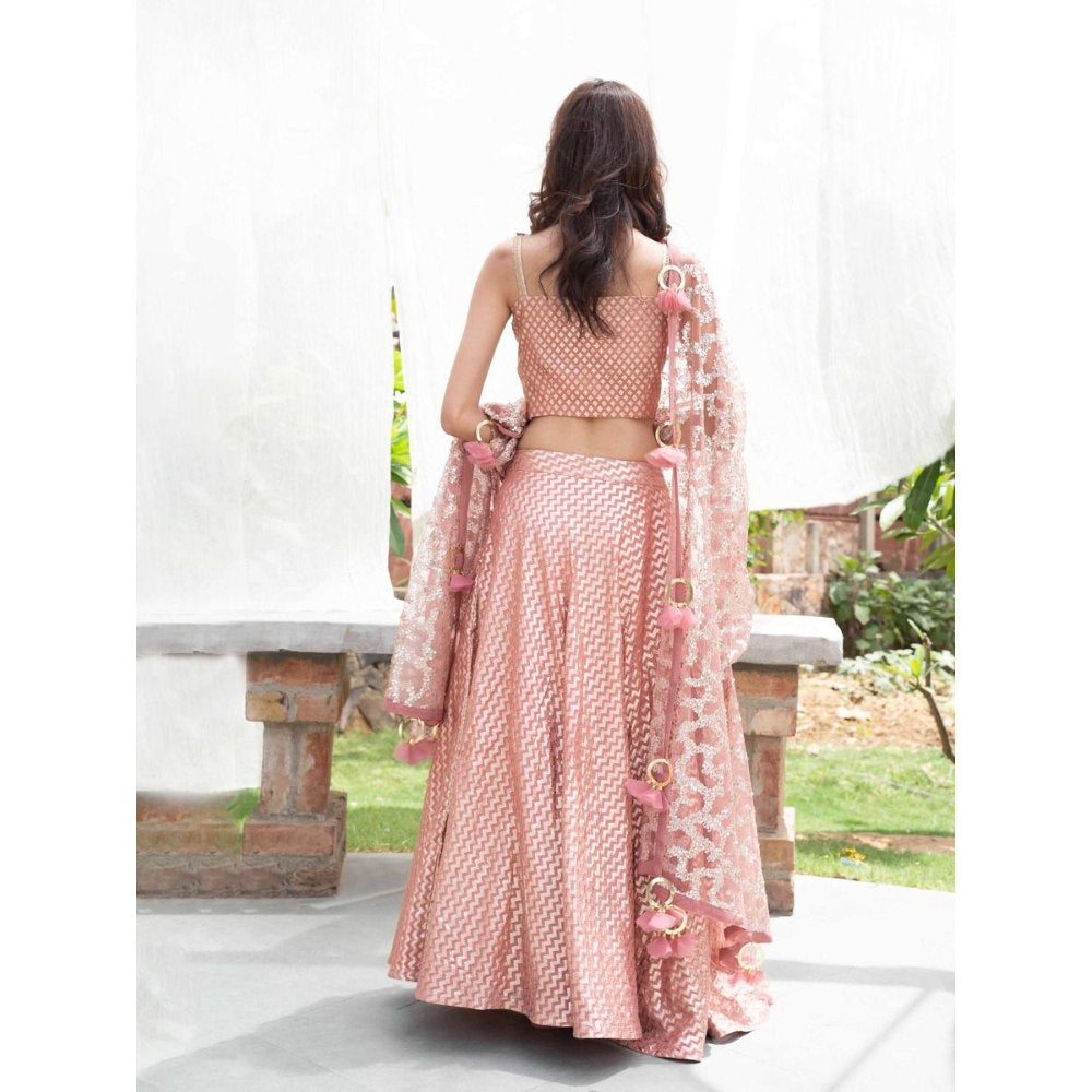 Rishi & Vibhuti Pink Caramel Stitched Blouse With Dupatta Lehenga (Set of 3)