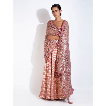 Rishi & Vibhuti Pink Caramel Stitched Blouse With Dupatta Lehenga (Set of 3)