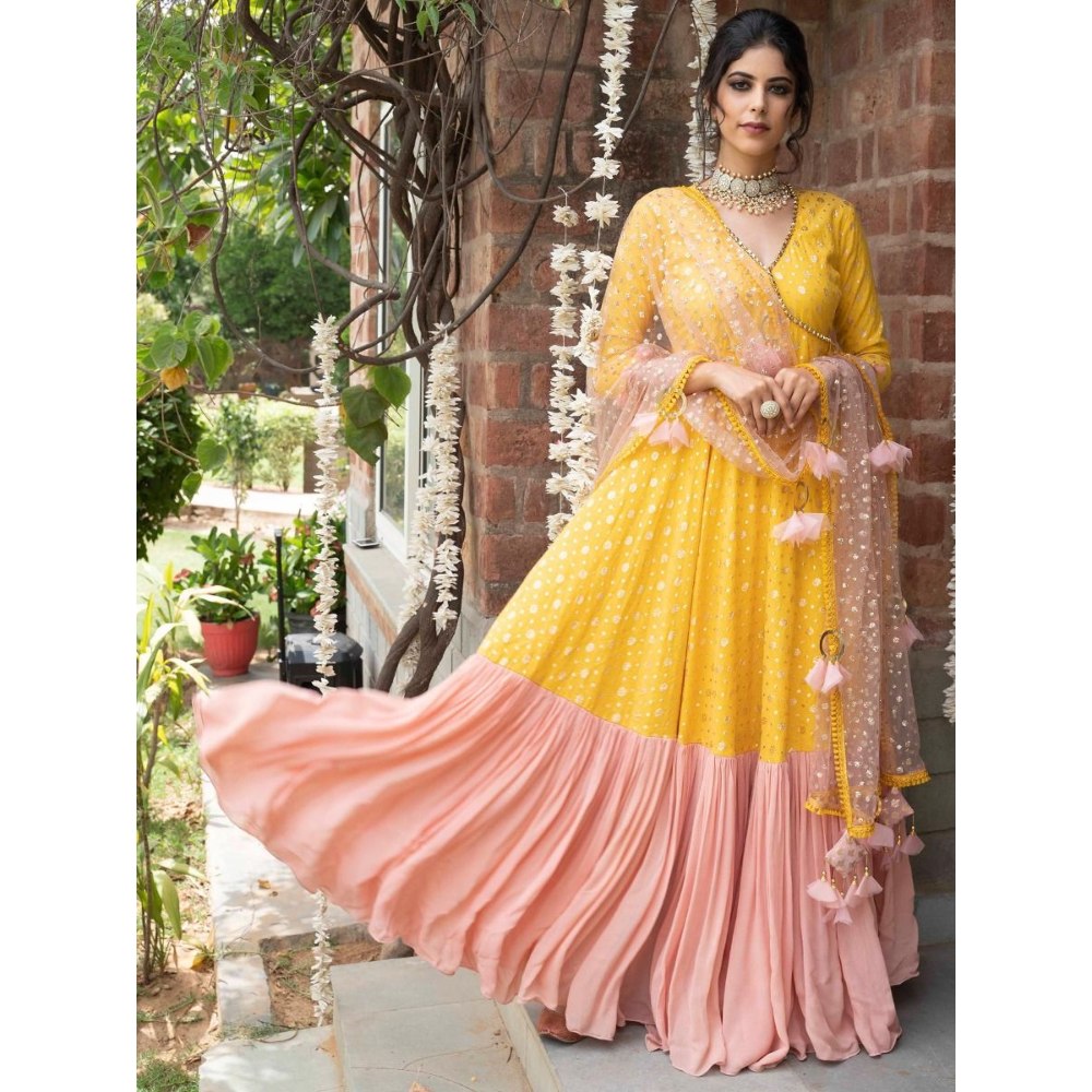 Rishi & Vibhuti Yellow 3/4th Sleeve Angrakha With Dupatta (Set of 2)