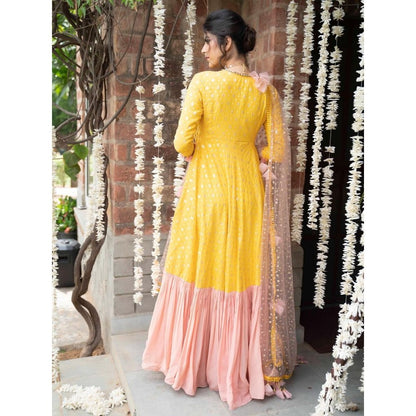Rishi & Vibhuti Yellow 3/4th Sleeve Angrakha With Dupatta (Set of 2)
