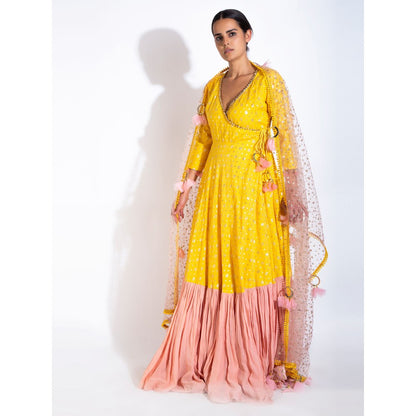 Rishi & Vibhuti Yellow 3/4th Sleeve Angrakha With Dupatta (Set of 2)