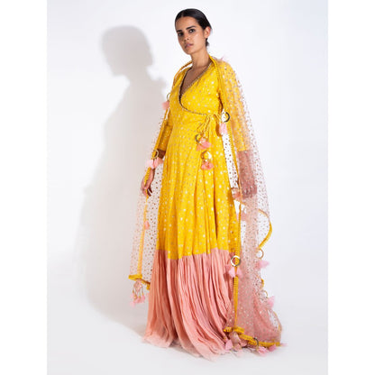 Rishi & Vibhuti Yellow 3/4th Sleeve Angrakha With Dupatta (Set of 2)
