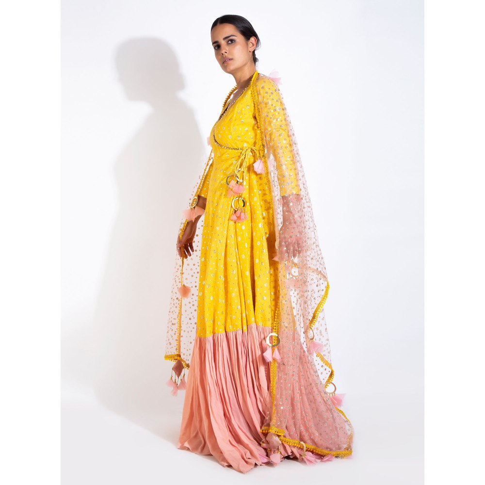 Rishi & Vibhuti Yellow 3/4th Sleeve Angrakha With Dupatta (Set of 2)