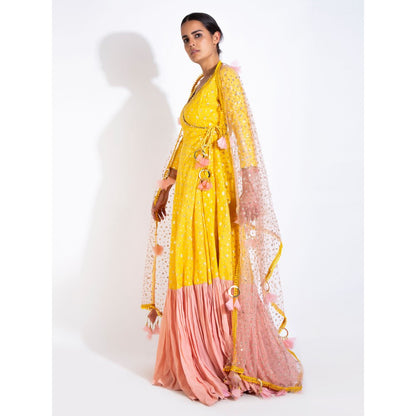 Rishi & Vibhuti Yellow 3/4th Sleeve Angrakha With Dupatta (Set of 2)