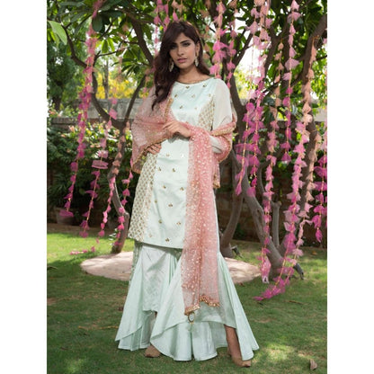 Rishi & Vibhuti Green Centre Embellished Chanderi Kurta & Sharara With Dupatta (Set of 3)