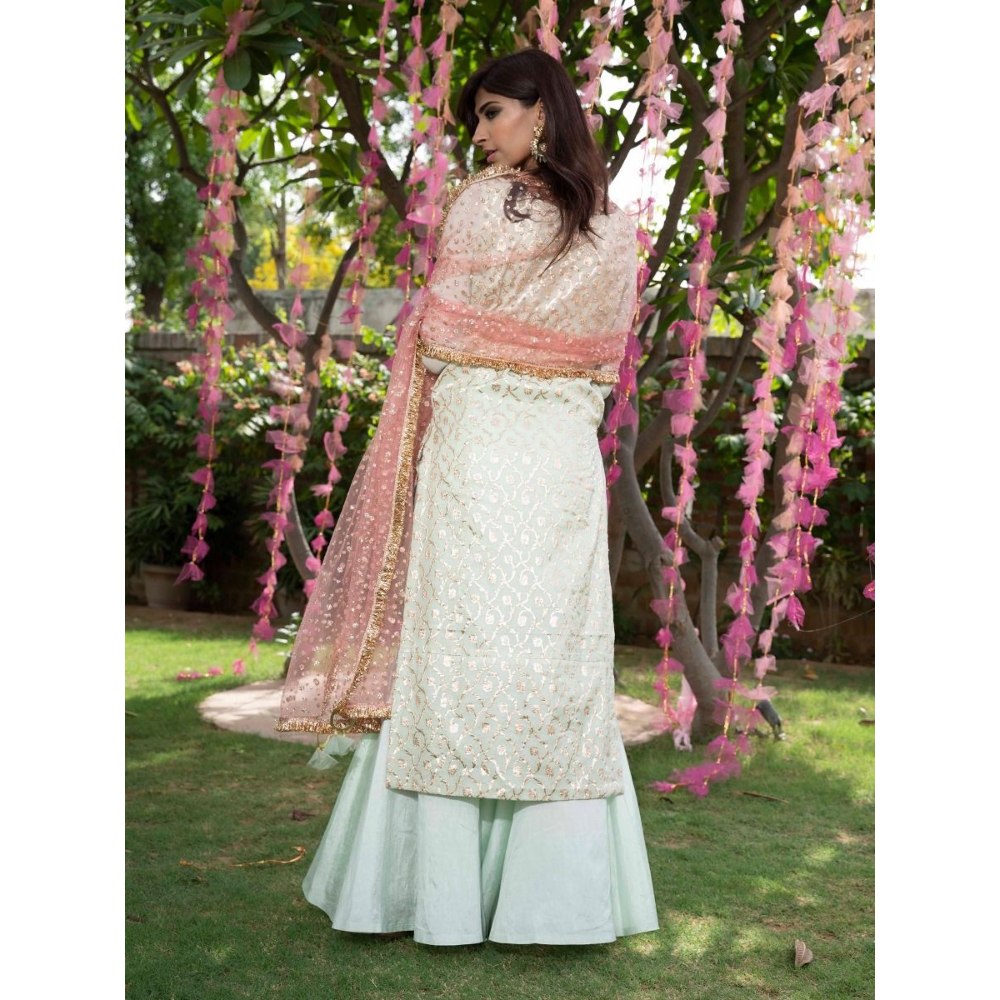 Rishi & Vibhuti Green Centre Embellished Chanderi Kurta & Sharara With Dupatta (Set of 3)